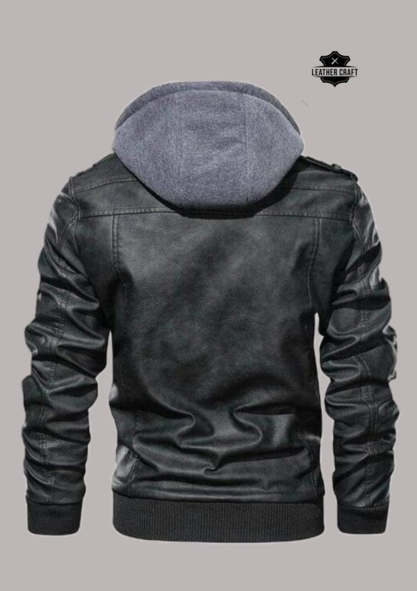 Men's Grey Hooded Leather Motorbike Jacket